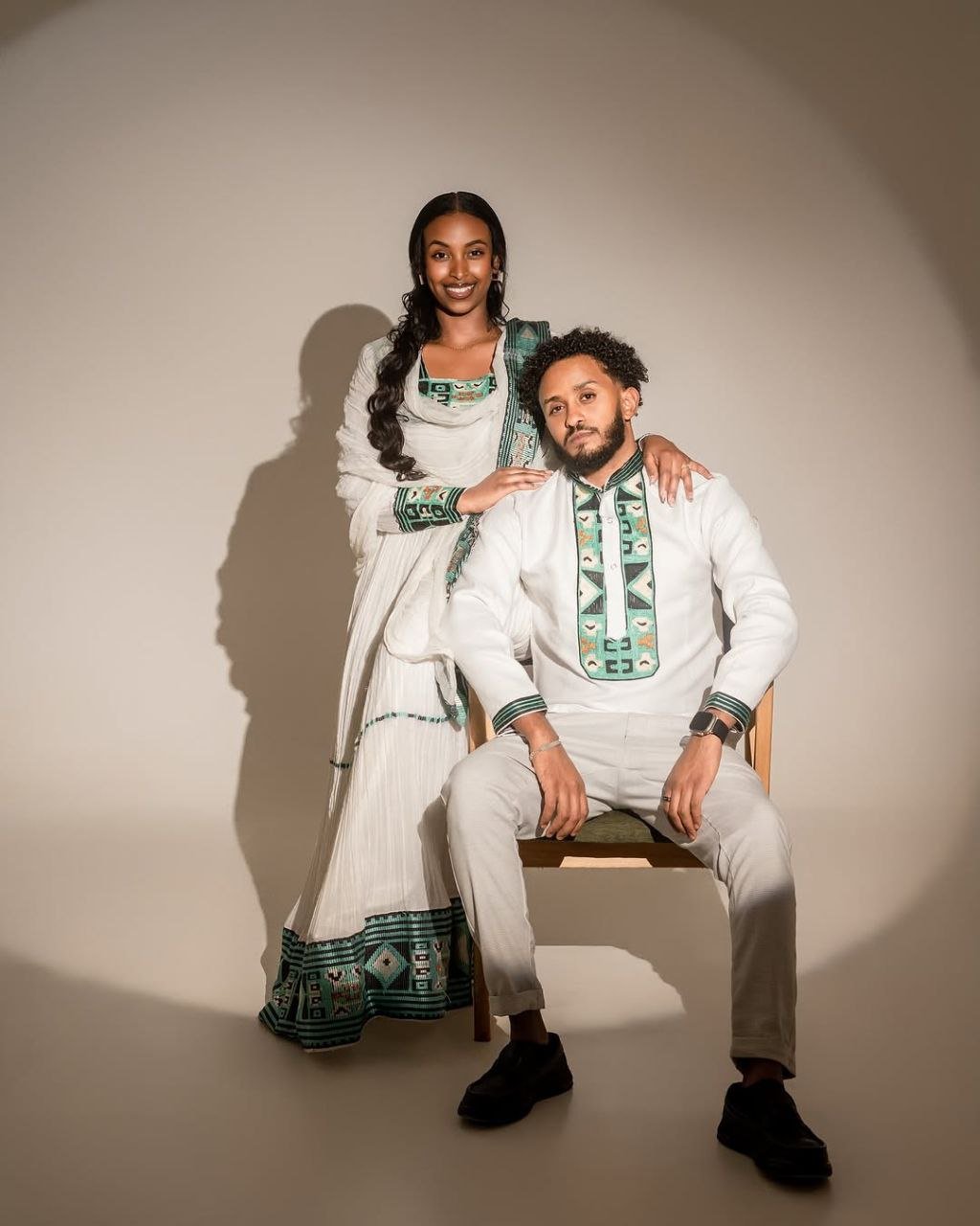 Elegant Green Accent Habesha Attire for Couples - Ethiopian Traditional Clothing - Habesha Wedding Dress