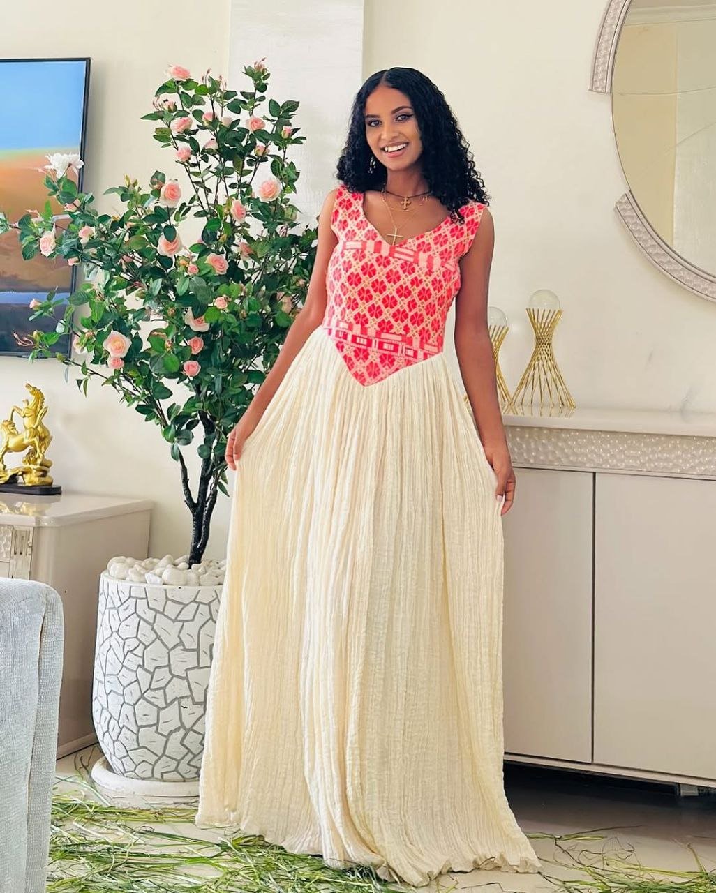 Simple Modern Habesha Kemis with Pink Accents – Ethiopian Traditional Clothing – Habesha Clothing – Ethiopian Dress