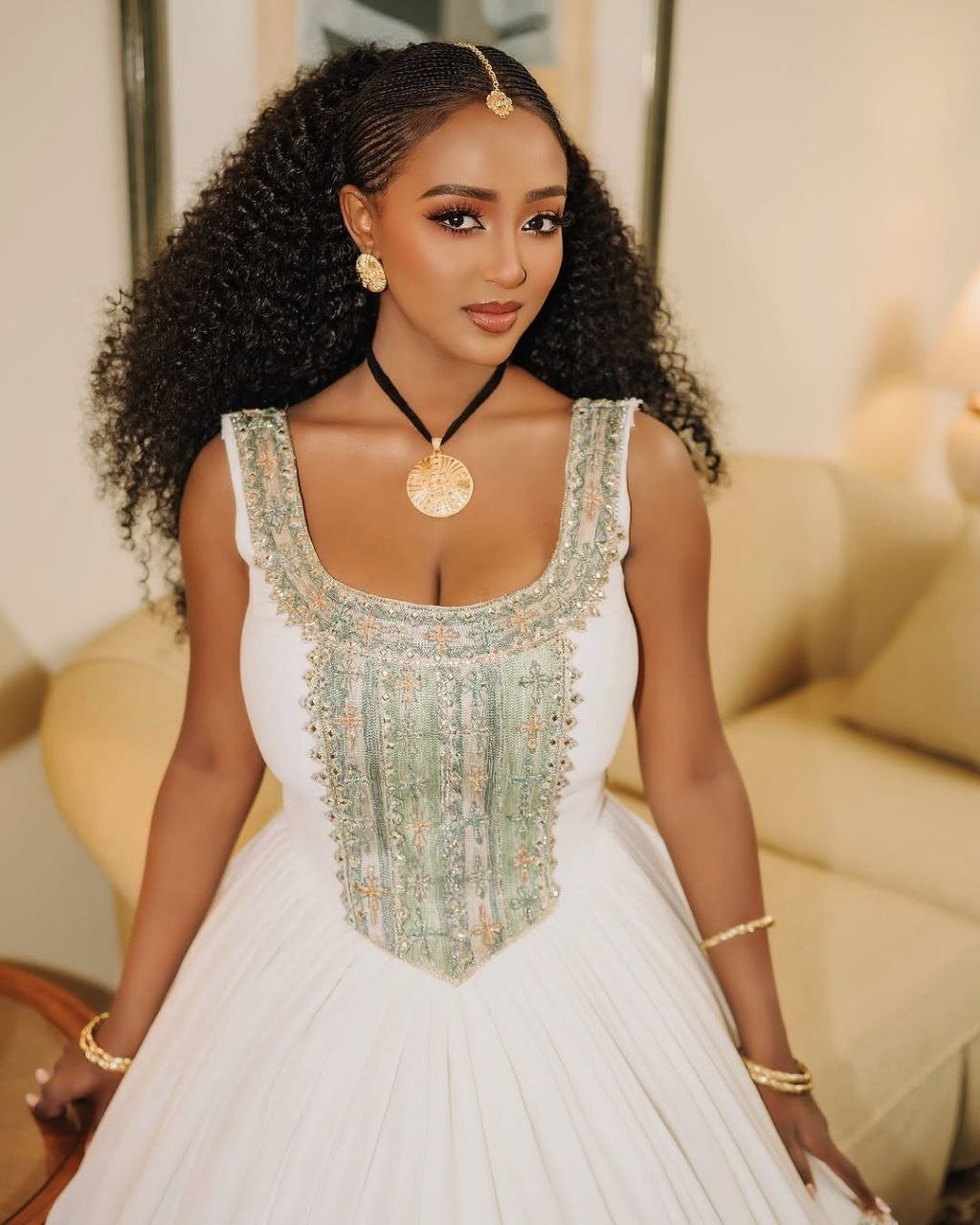 Elegant Habesha Wedding Dress with Intricate Green Embroidery – Habesha Kemis – Eritrean Wedding Dress