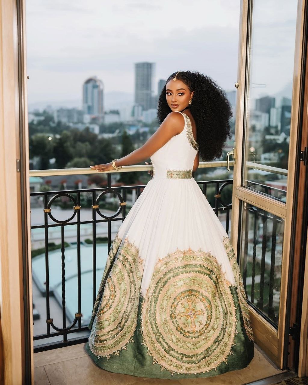 Elegant Habesha Wedding Dress with Intricate Green Embroidery – Habesha Kemis – Eritrean Wedding Dress