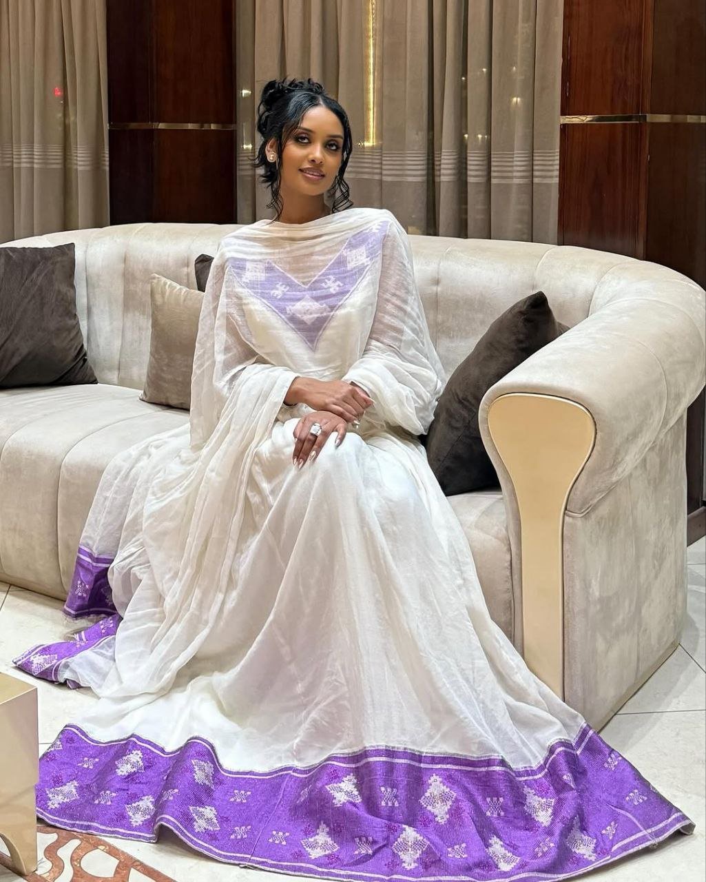 Beautiful Habesha Kemis with Elegant Purple Accents - Habesha Dress - Eritrean Dress