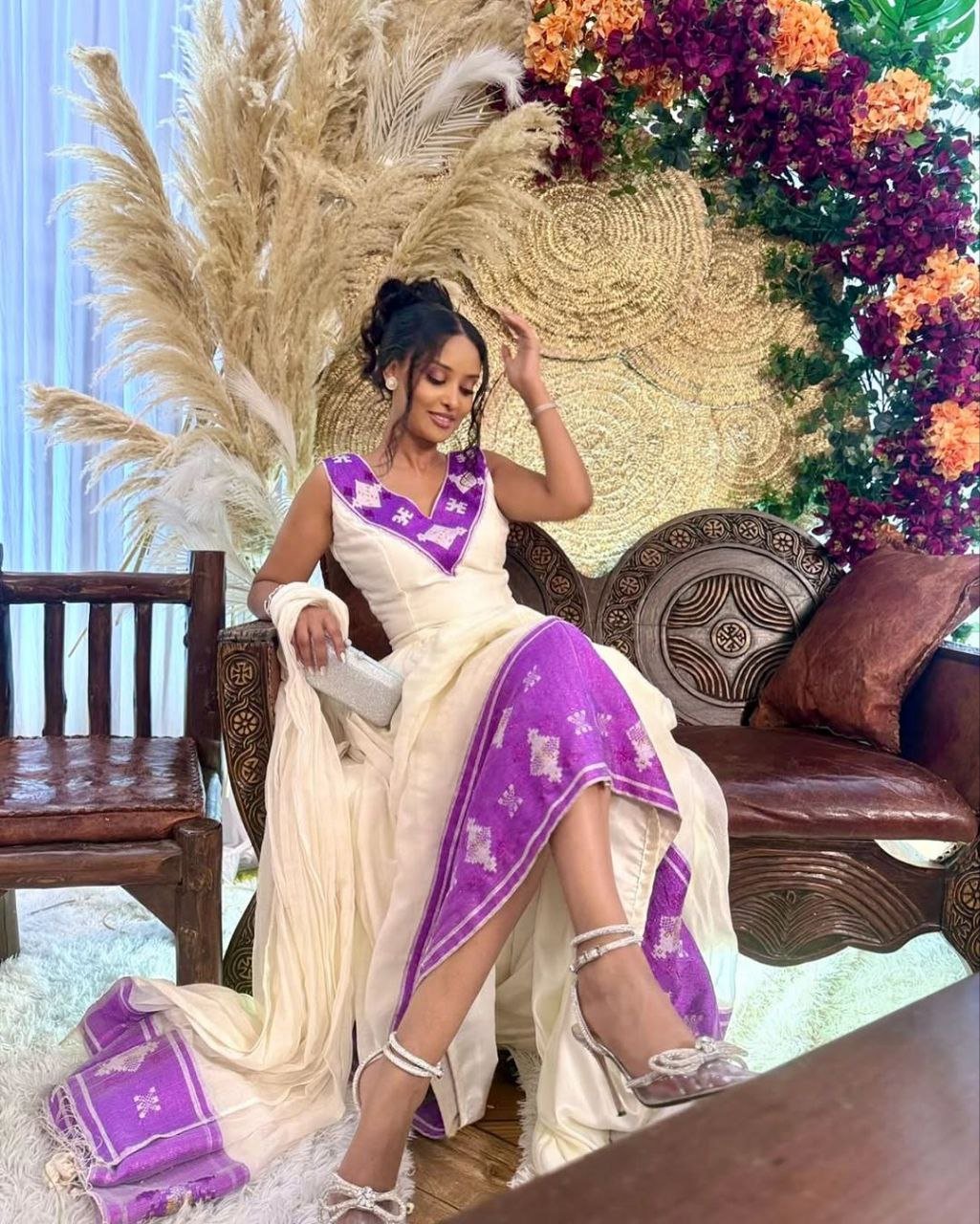 Beautiful Habesha Kemis with Elegant Purple Accents - Habesha Dress - Eritrean Dress