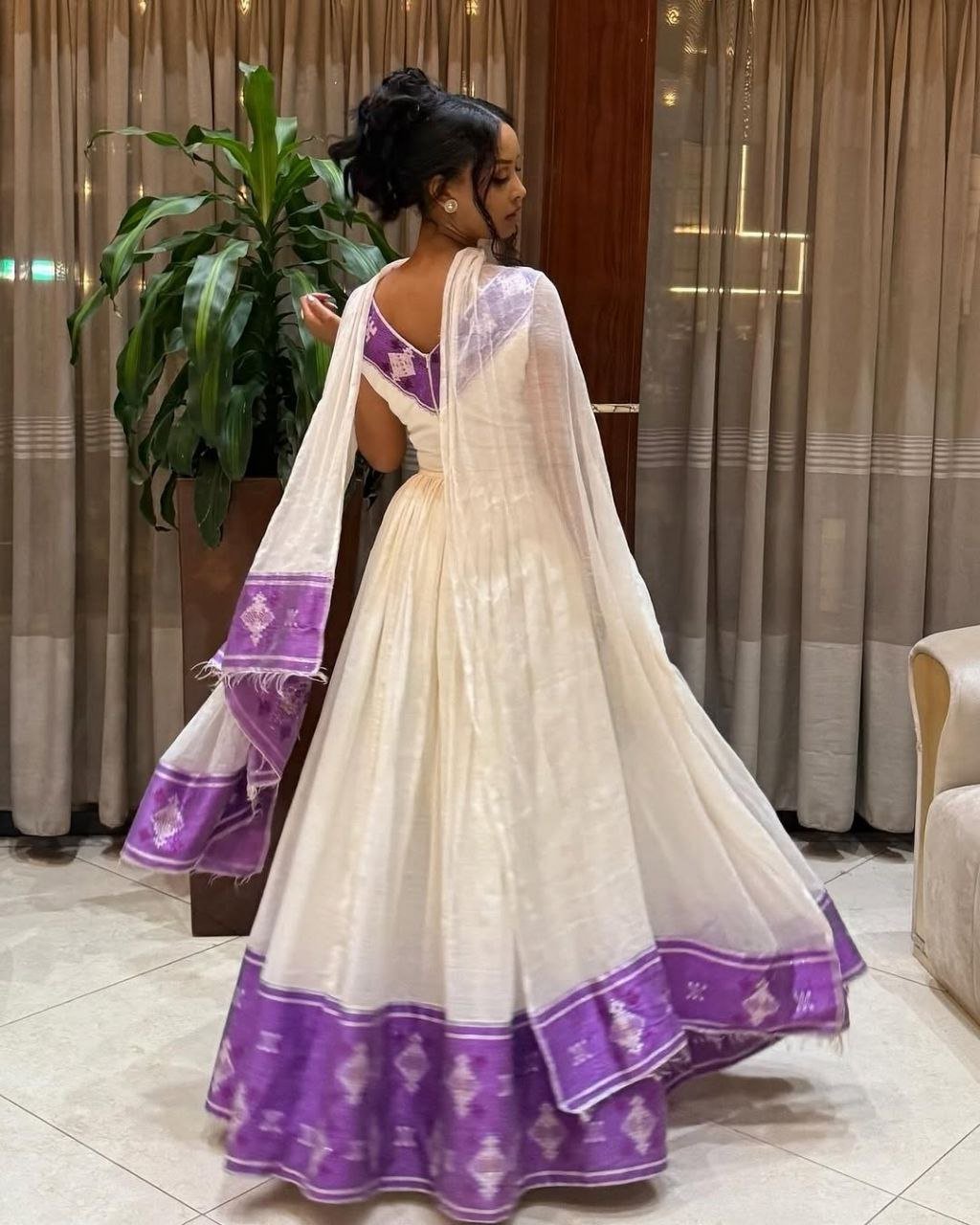 Beautiful Habesha Kemis with Elegant Purple Accents - Habesha Dress - Eritrean Dress