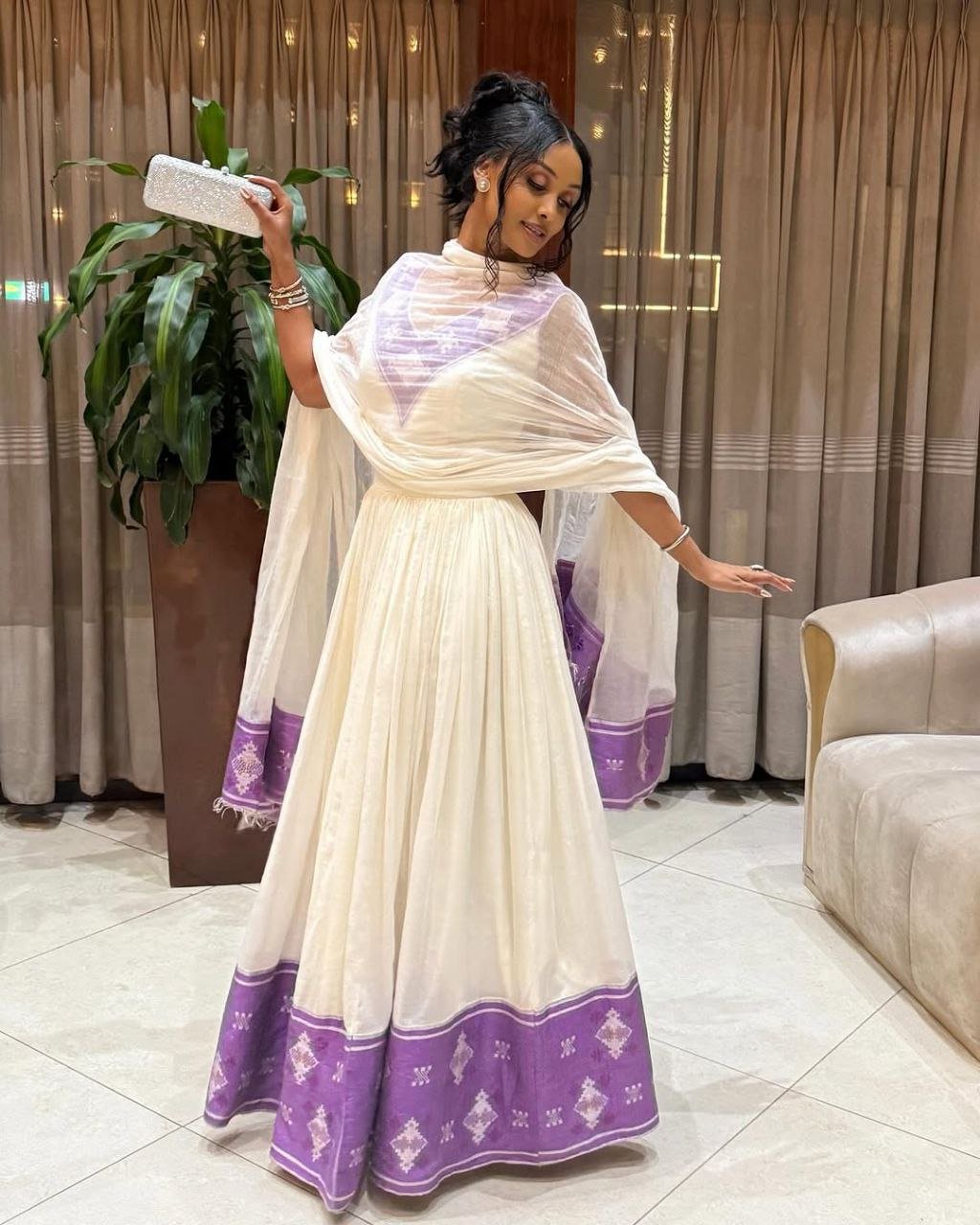 Beautiful Habesha Kemis with Elegant Purple Accents - Habesha Dress - Eritrean Dress