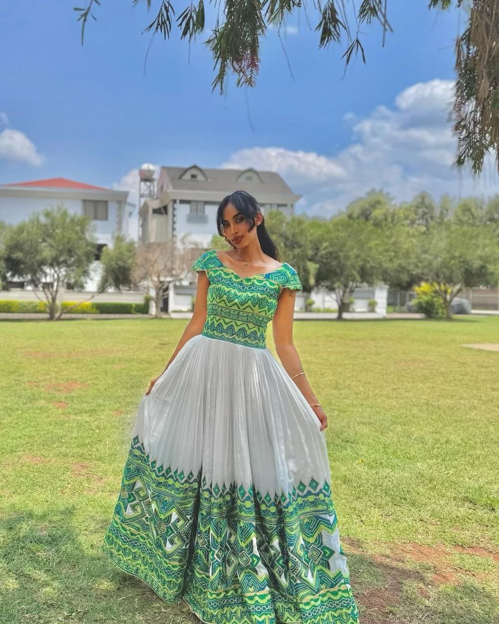Elegant Habesha Kemis with Green and Turquoise Patterns - Ethiopian Traditional Clothing - Eritrean Dress