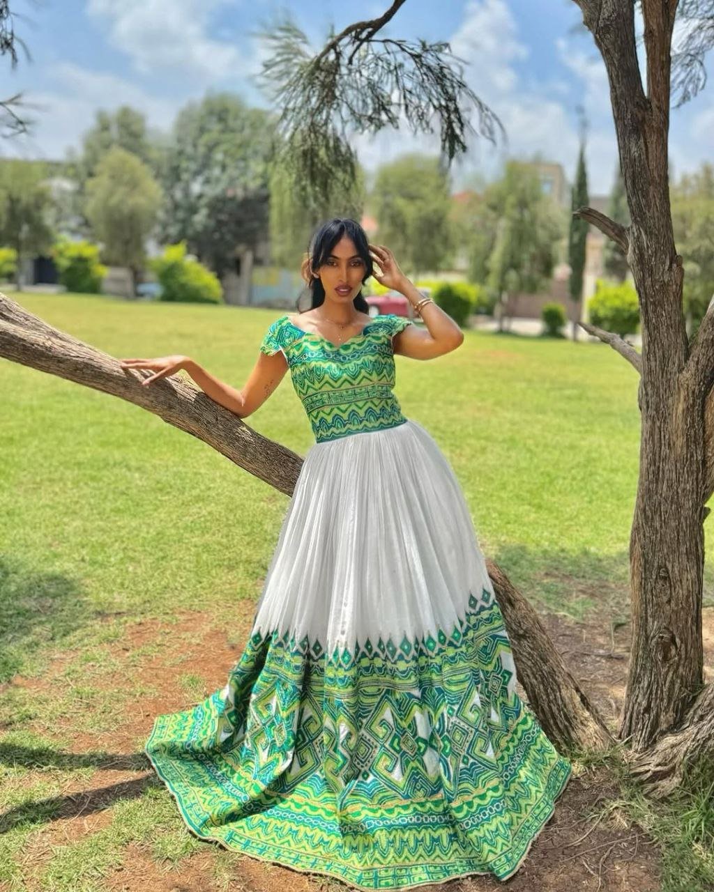Elegant Habesha Kemis with Green and Turquoise Patterns - Ethiopian Traditional Clothing - Eritrean Dress