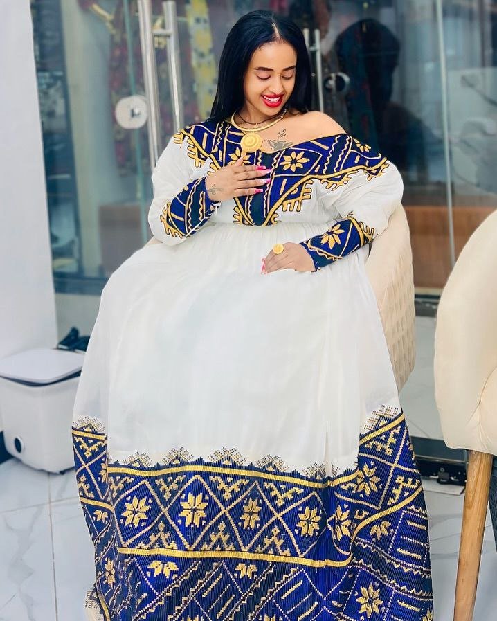 Gorgeous Habesha Kemis with Blue and Gold Accents – Habesha Dress – Habesha Clothing