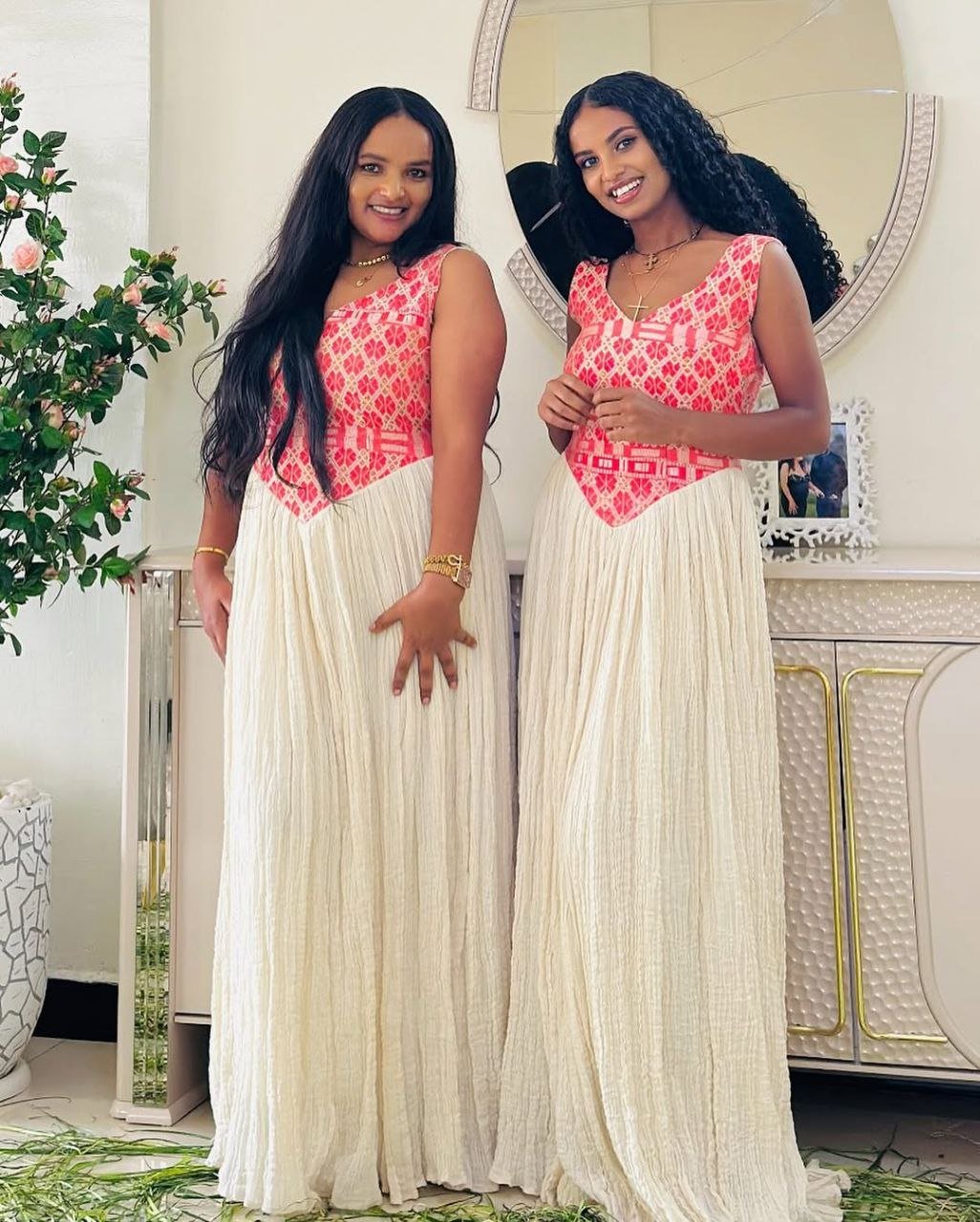Simple Modern Habesha Kemis with Pink Accents – Ethiopian Traditional Clothing – Habesha Clothing – Ethiopian Dress