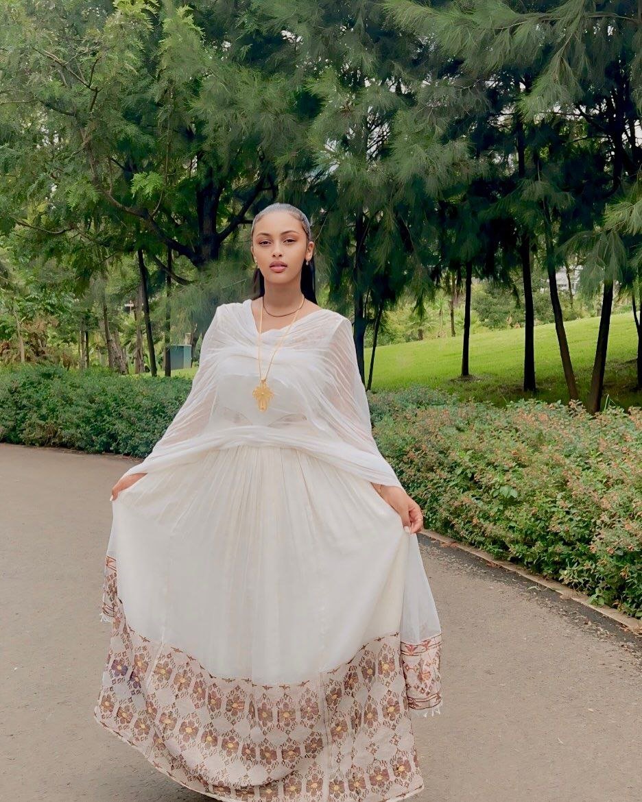 Traditional Habesha Kemis with Brown and Gold Tibeb Embroidery β Ethiopian Traditional Clothing β Cultural Dress β Habesha Dress