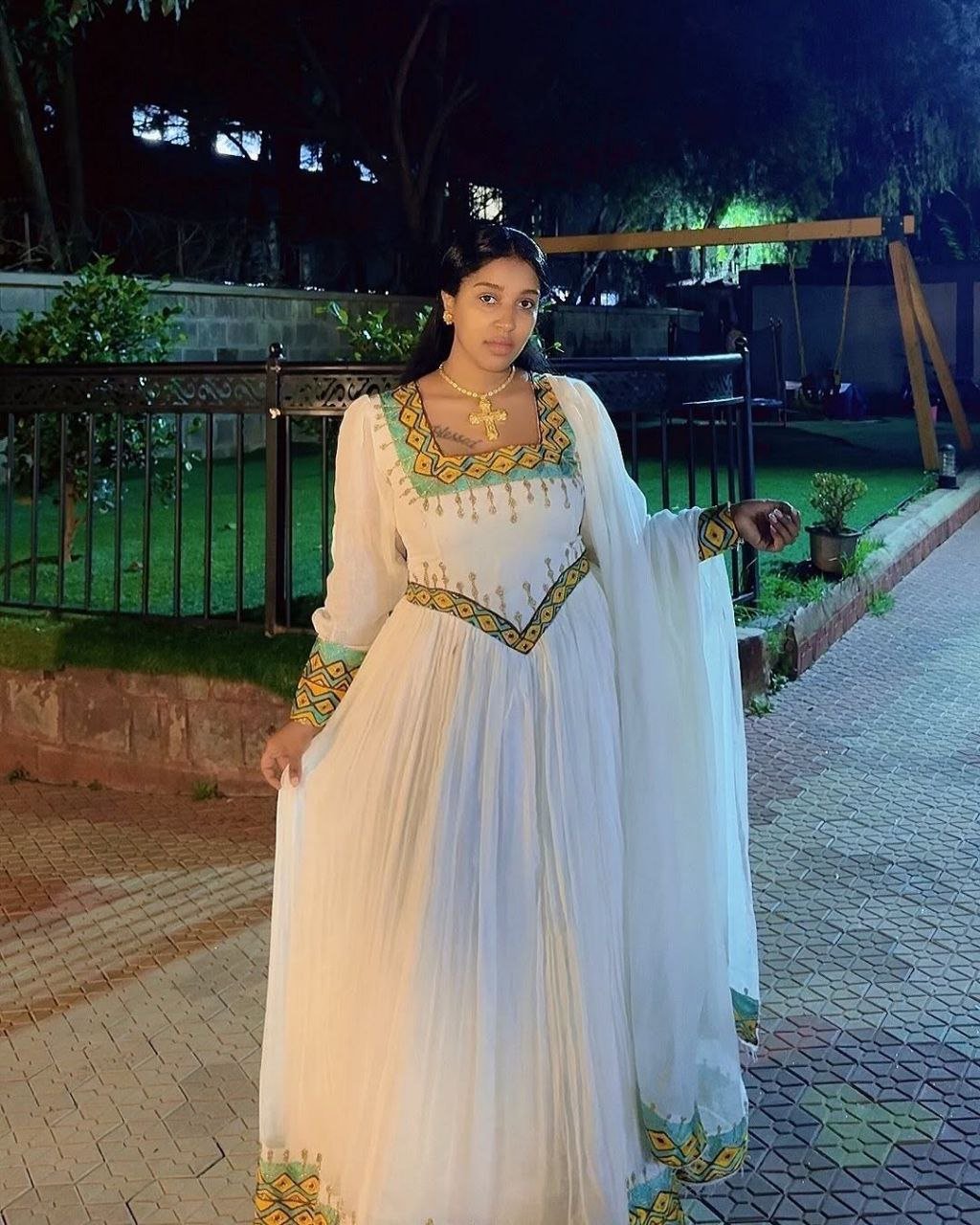 Beautiful Habesha Dress with Vibrant Green and Yellow Accents - Ethiopian Traditional Clothing - Eritrean Dress