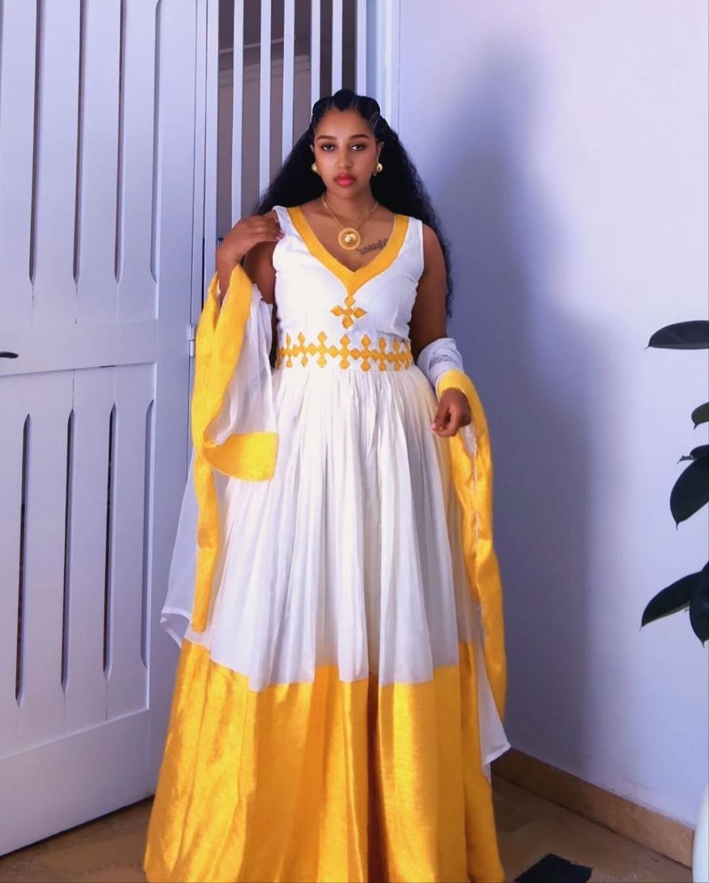 Elegant Habesha Kemis with Bright Yellow Accents - Ethiopian Traditional Clothing - Habesha Dress