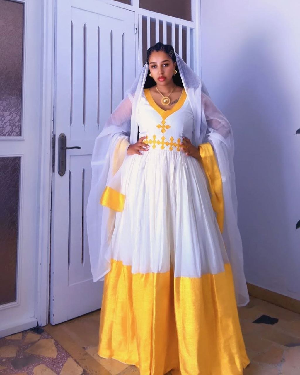 Elegant Habesha Kemis with Bright Yellow Accents - Ethiopian Traditional Clothing - Habesha Dress
