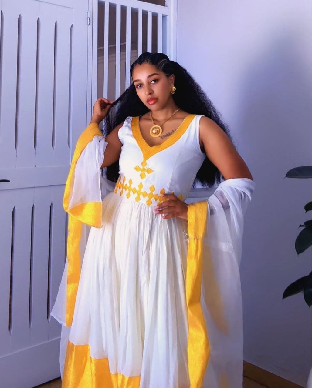 Elegant Habesha Kemis with Bright Yellow Accents - Ethiopian Traditional Clothing - Habesha Dress