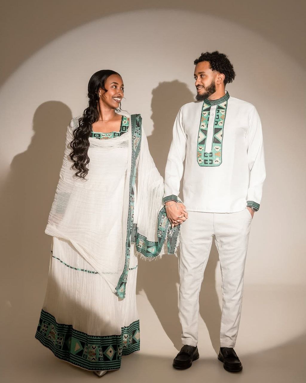 Elegant Green Accent Habesha Attire for Couples - Ethiopian Traditional Clothing - Habesha Wedding Dress