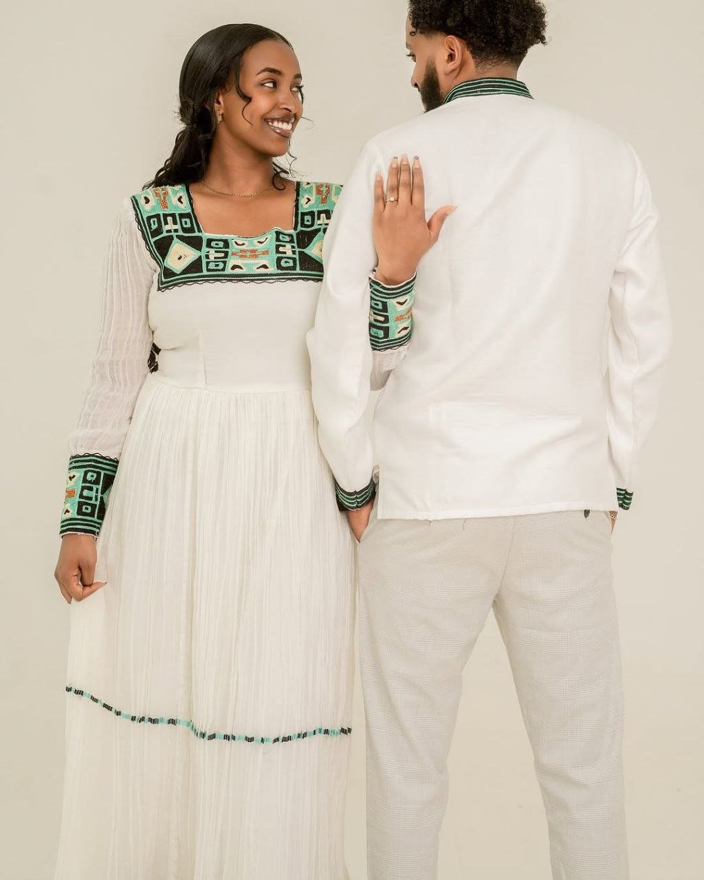 Elegant Green Accent Habesha Attire for Couples - Ethiopian Traditional Clothing - Habesha Wedding Dress