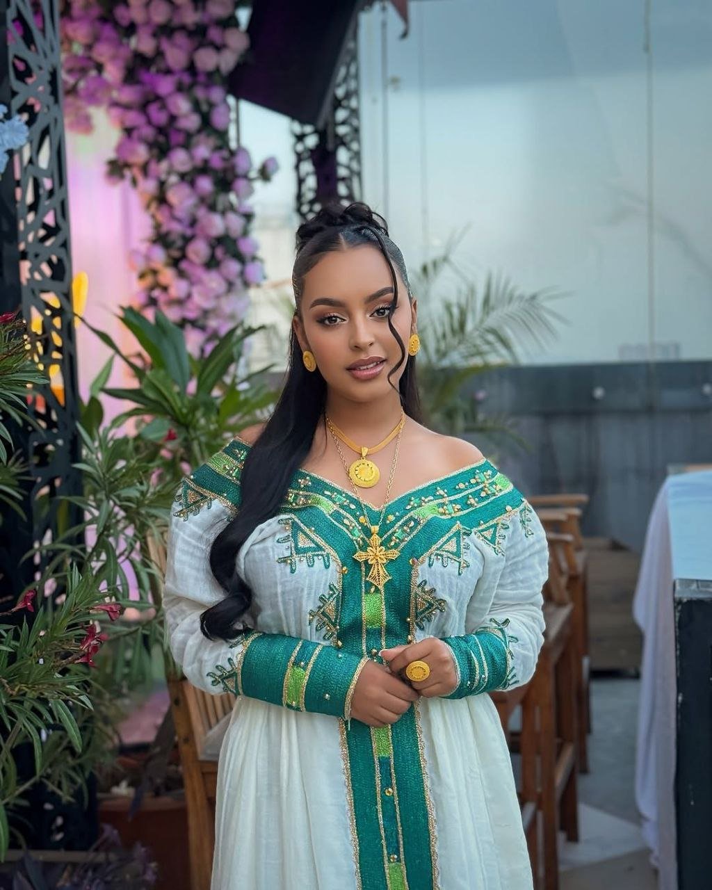 Beautiful Habesha Kemis With Teal and Gold Accents β Traditional Ethiopian Attire β Habesha Dress β Ethiopian Traditional Clothing