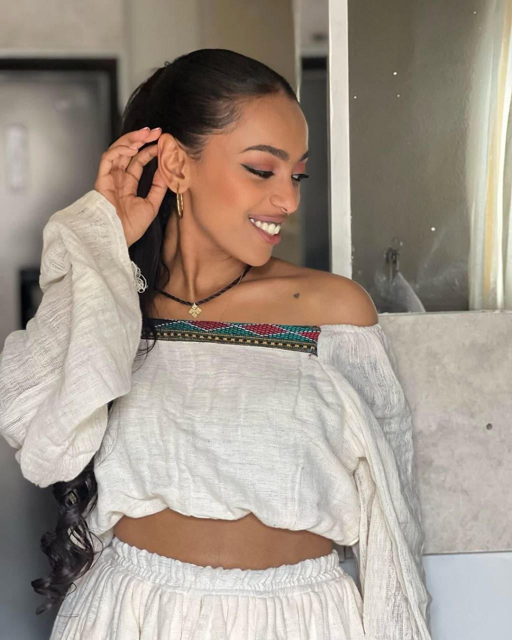 Elegant Off-Shoulder Habesha Kemis – Modern Habesha Dress - Zuria - Ethiopian Traditional Clothing