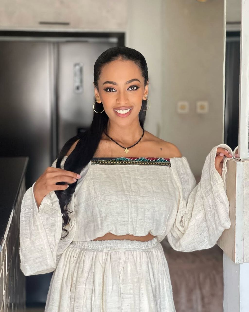 Elegant Off-Shoulder Habesha Kemis – Modern Habesha Dress - Zuria - Ethiopian Traditional Clothing