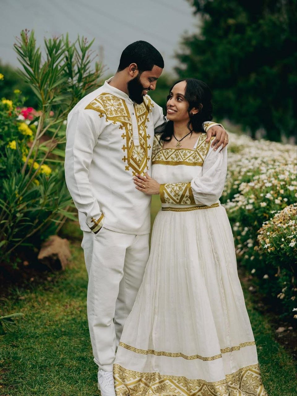 Elegant Golden Couples Outfit – Habesha Wedding Dress - Ethiopian Traditional Clothing - Cultural Dress