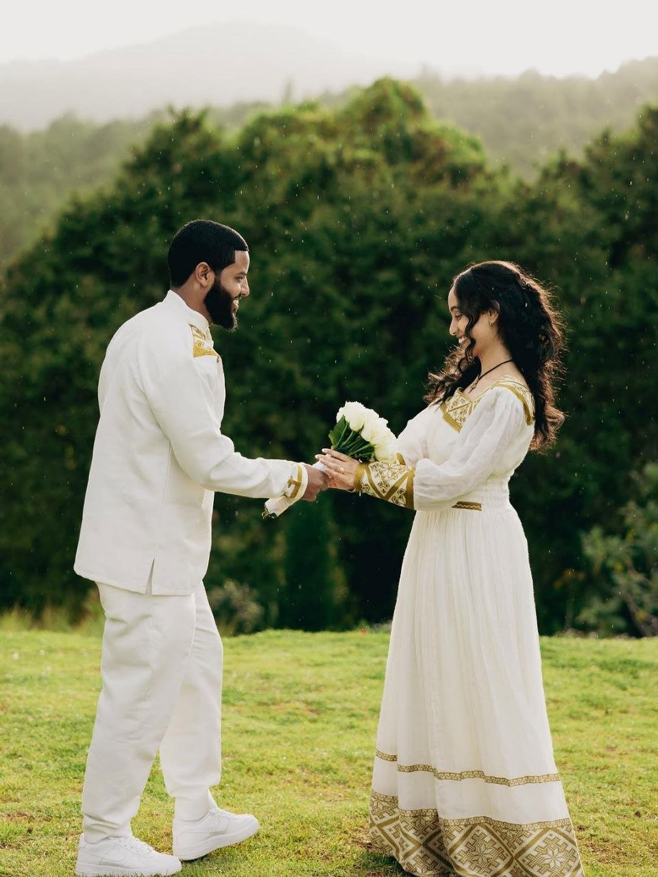 Elegant Golden Couples Outfit – Habesha Wedding Dress - Ethiopian Traditional Clothing - Cultural Dress