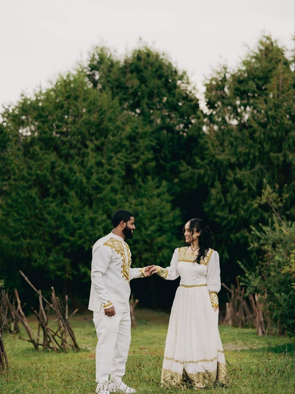 Elegant Golden Couples Outfit – Habesha Wedding Dress - Ethiopian Traditional Clothing - Cultural Dress