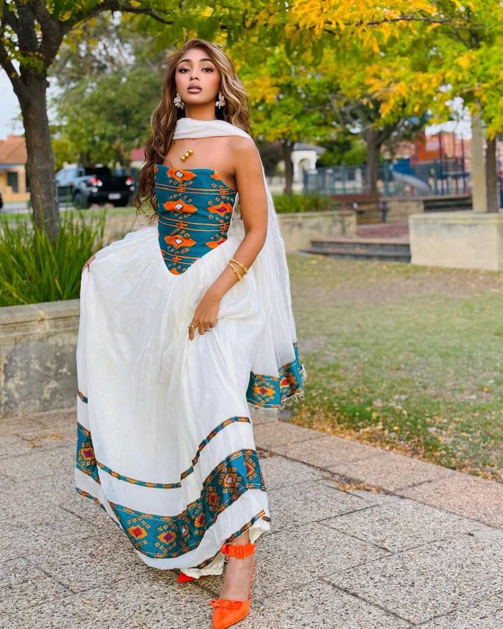 Modern Habesha Kemis with Teal and Orange Patterns β Habesha Clothing β Habesha Dress β Ethiopian Traditional Clothing