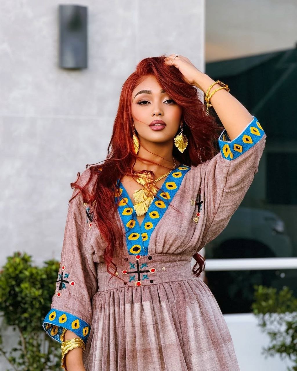 Gorgeous Brown Habesha Kemis with Blue Accents – Habesha Dress – Ethiopian Traditional Clothing