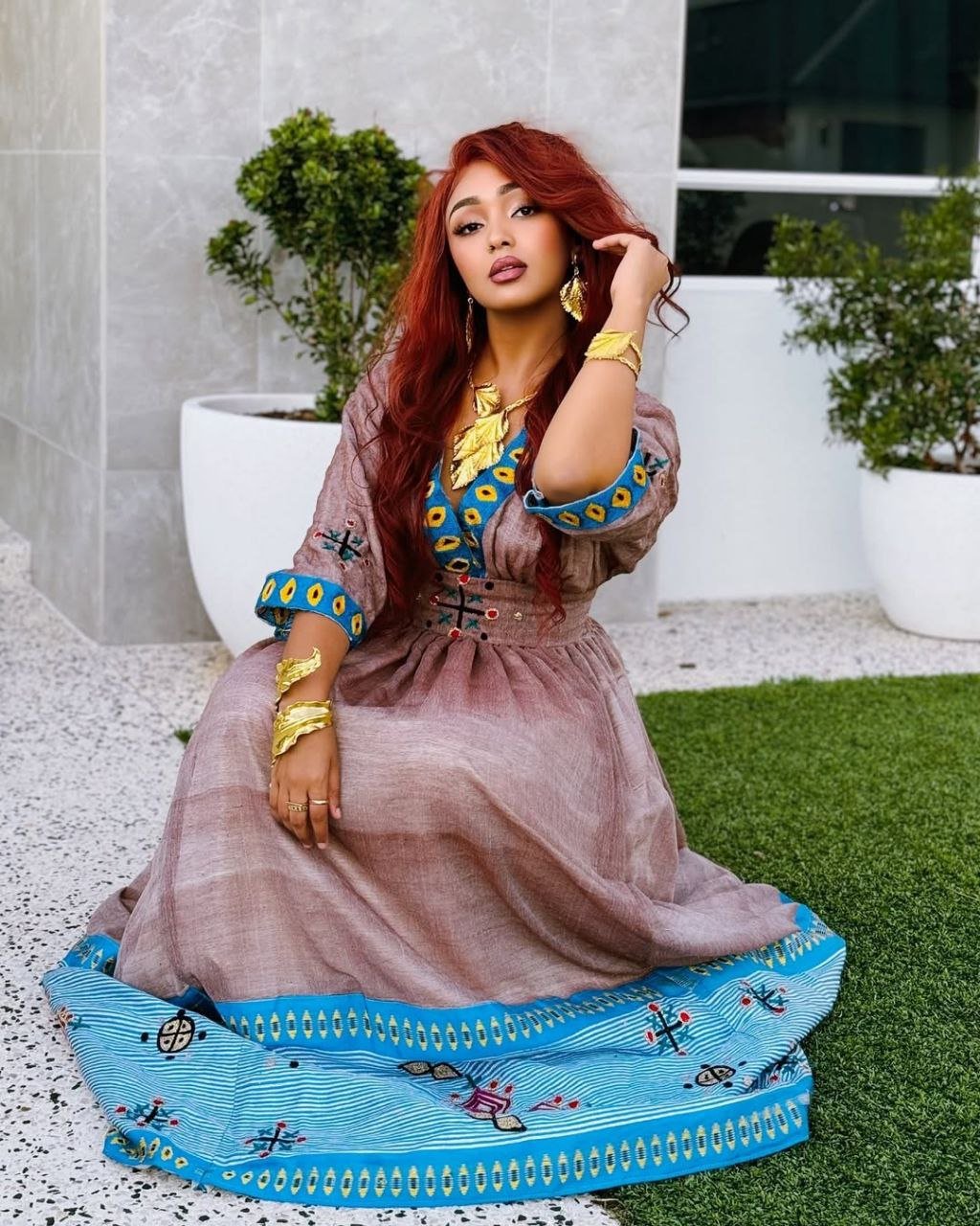 Gorgeous Brown Habesha Kemis with Blue Accents – Habesha Dress – Ethiopian Traditional Clothing