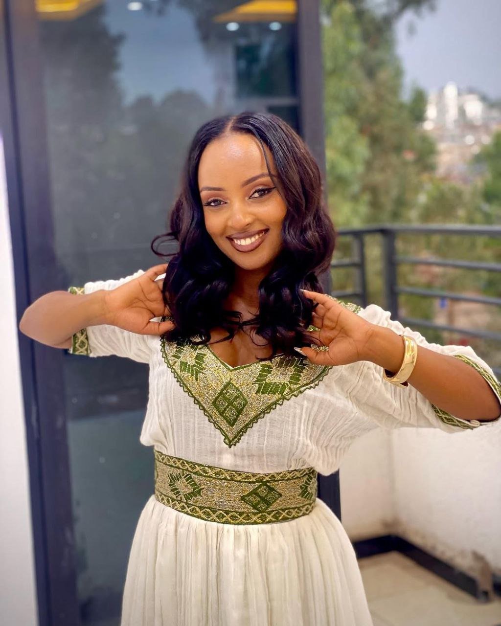 Stunning Habesha Kemis with Green Embroidery– Traditional Ethiopian Attire – Habesha Dress – Ethiopian Traditional Clothing