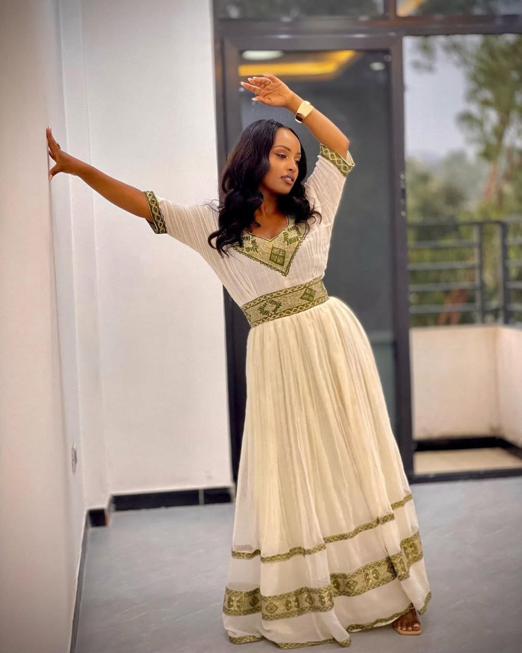 Stunning Habesha Kemis with Green Embroidery– Traditional Ethiopian Attire – Habesha Dress – Ethiopian Traditional Clothing