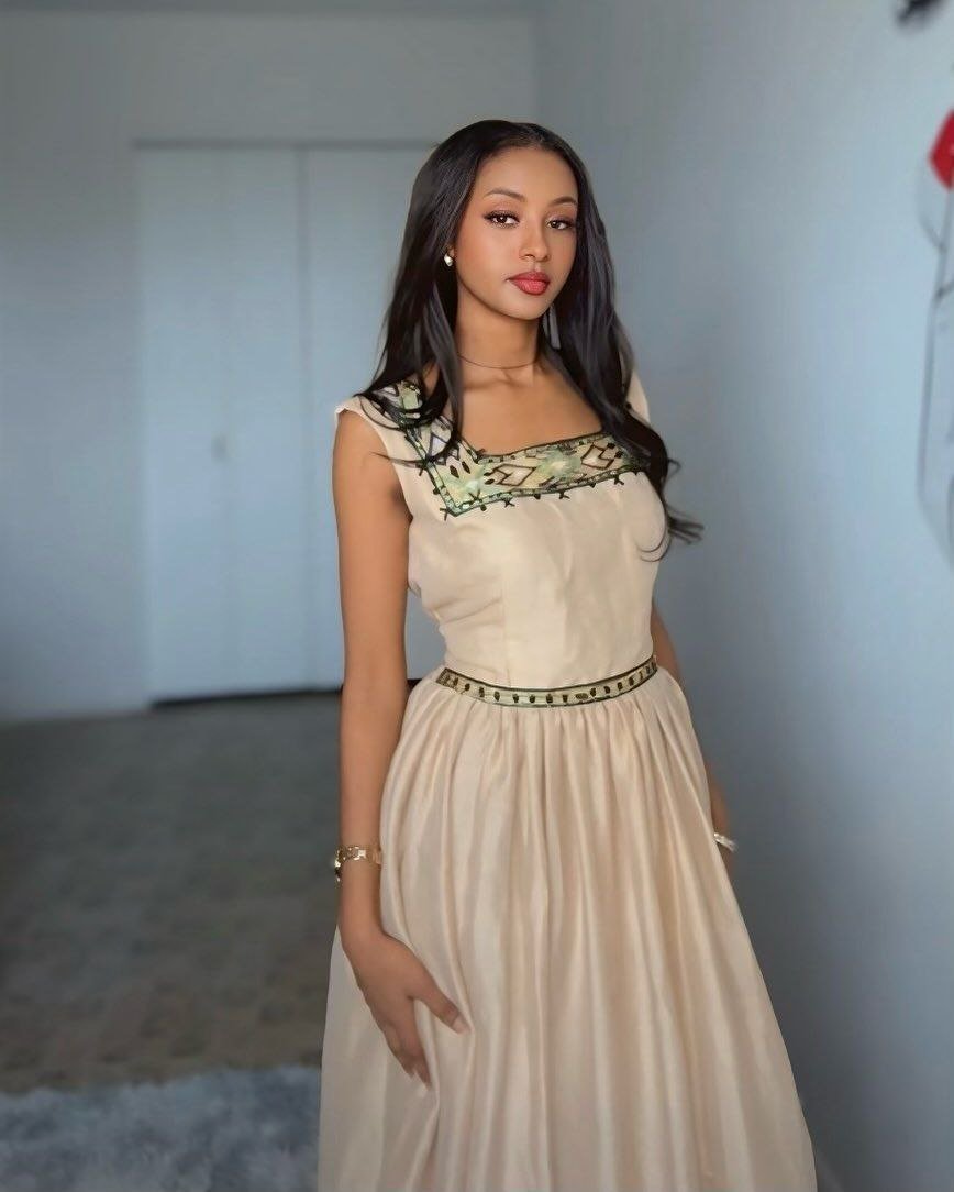 Elegant Beige Dress with Green Accents – Habesha Dress – Habesha Kemis – Ethiopian Traditional Clothing