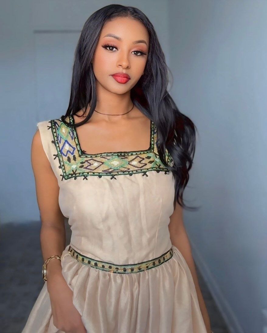 Elegant Beige Dress with Green Accents – Habesha Dress – Habesha Kemis – Ethiopian Traditional Clothing