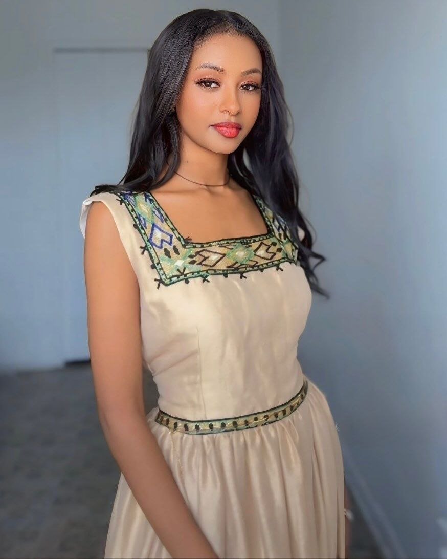 Elegant Beige Dress with Green Accents – Habesha Dress – Habesha Kemis – Ethiopian Traditional Clothing