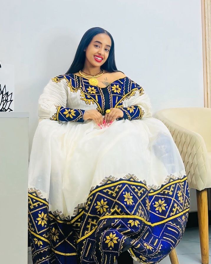 Gorgeous Habesha Kemis with Blue and Gold Accents – Habesha Dress – Habesha Clothing
