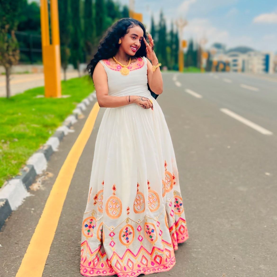 Beautiful Habesha Kemis with Colorful Floral Accents – Eritrean Clothing – Habesha Dress