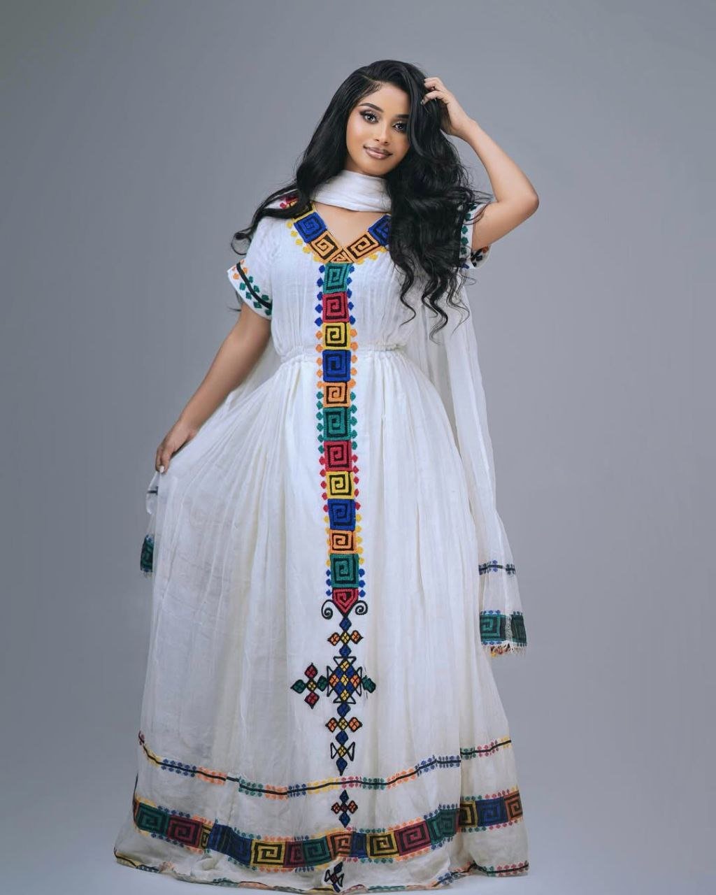 Simple Traditional Habesha Kemis with Colorful Geometric Patterns β Eritrean Dress β Habesha Clothing