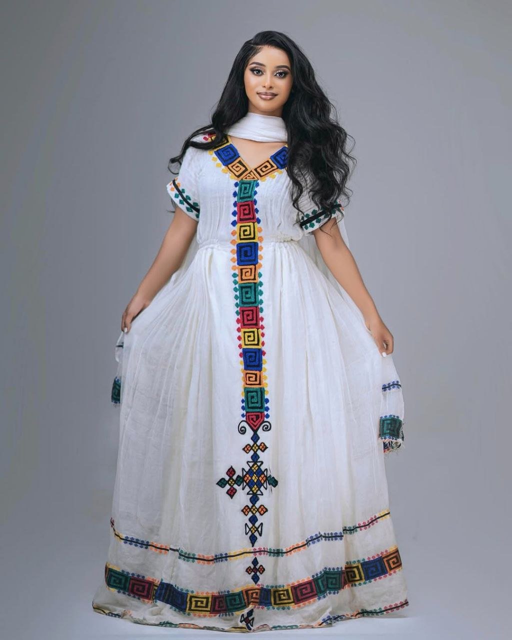 Simple Traditional Habesha Kemis with Colorful Geometric Patterns β Eritrean Dress β Habesha Clothing