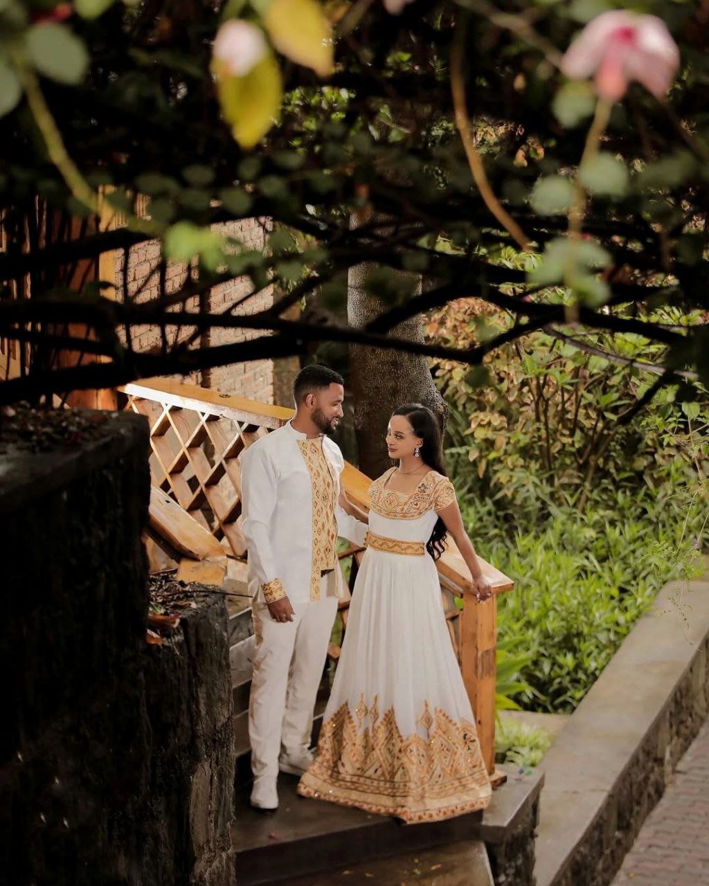 Elegant Ethiopian Couple in Traditional Gold Wedding Attire – Habesha Kemis – Ethiopian Wedding Dress – Eritrean Clothing