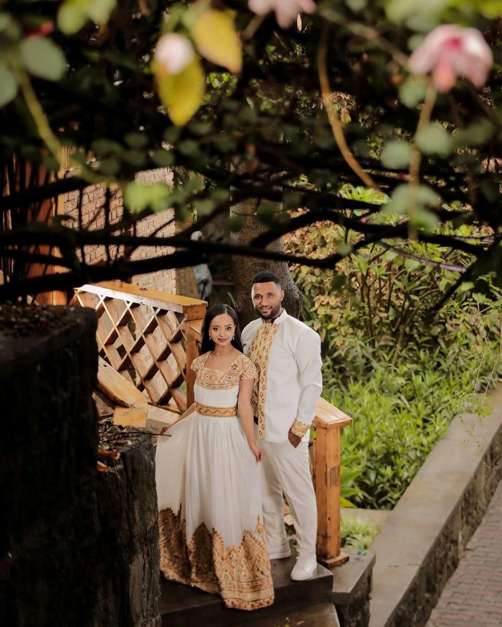 Elegant Ethiopian Couple in Traditional Gold Wedding Attire – Habesha Kemis – Ethiopian Wedding Dress – Eritrean Clothing