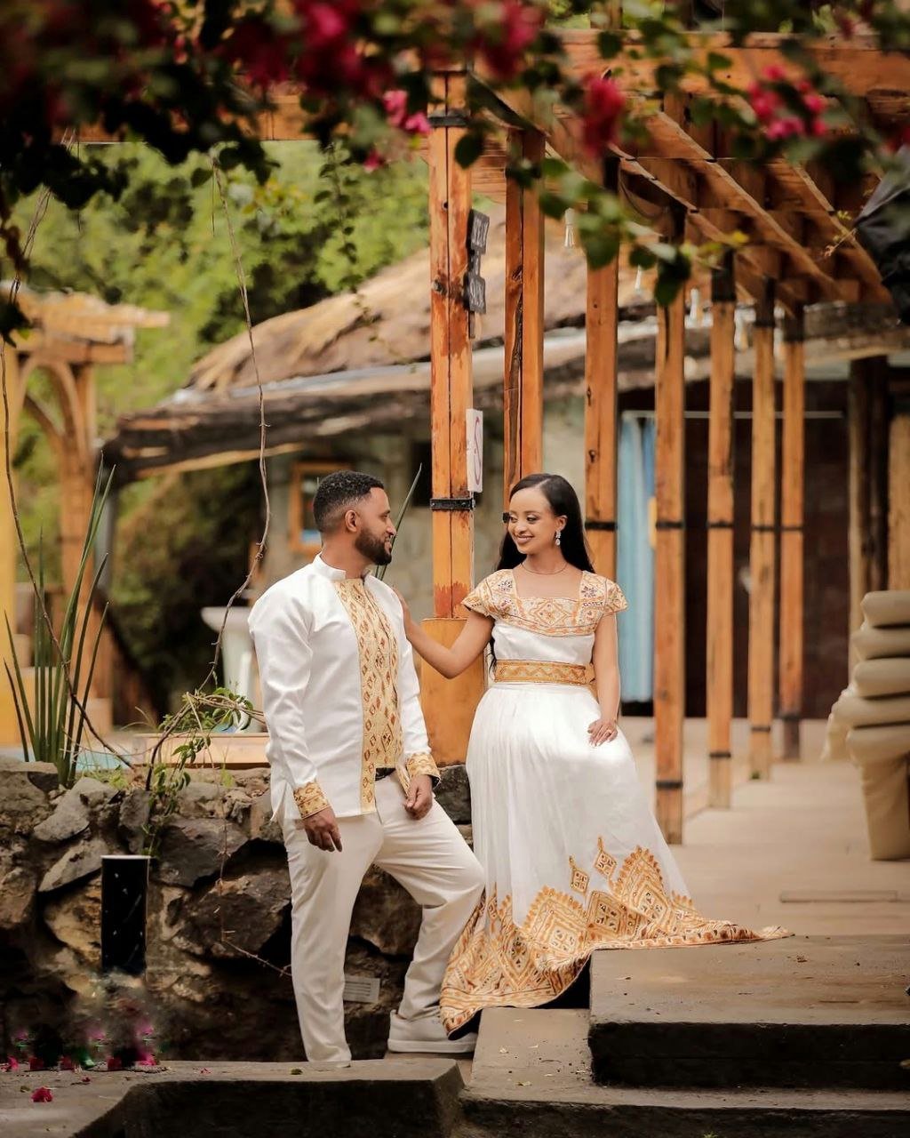 Elegant Ethiopian Couple in Traditional Gold Wedding Attire – Habesha Kemis – Ethiopian Wedding Dress – Eritrean Clothing