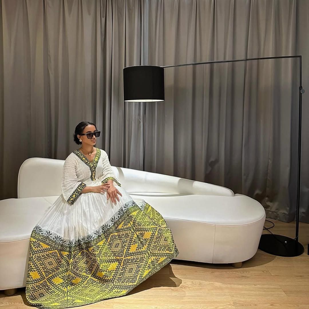 Vibrant Traditional Habesah Kemis with Yellow and Green Accents β Ethiopian Traditional Clothing β Cultural Dress