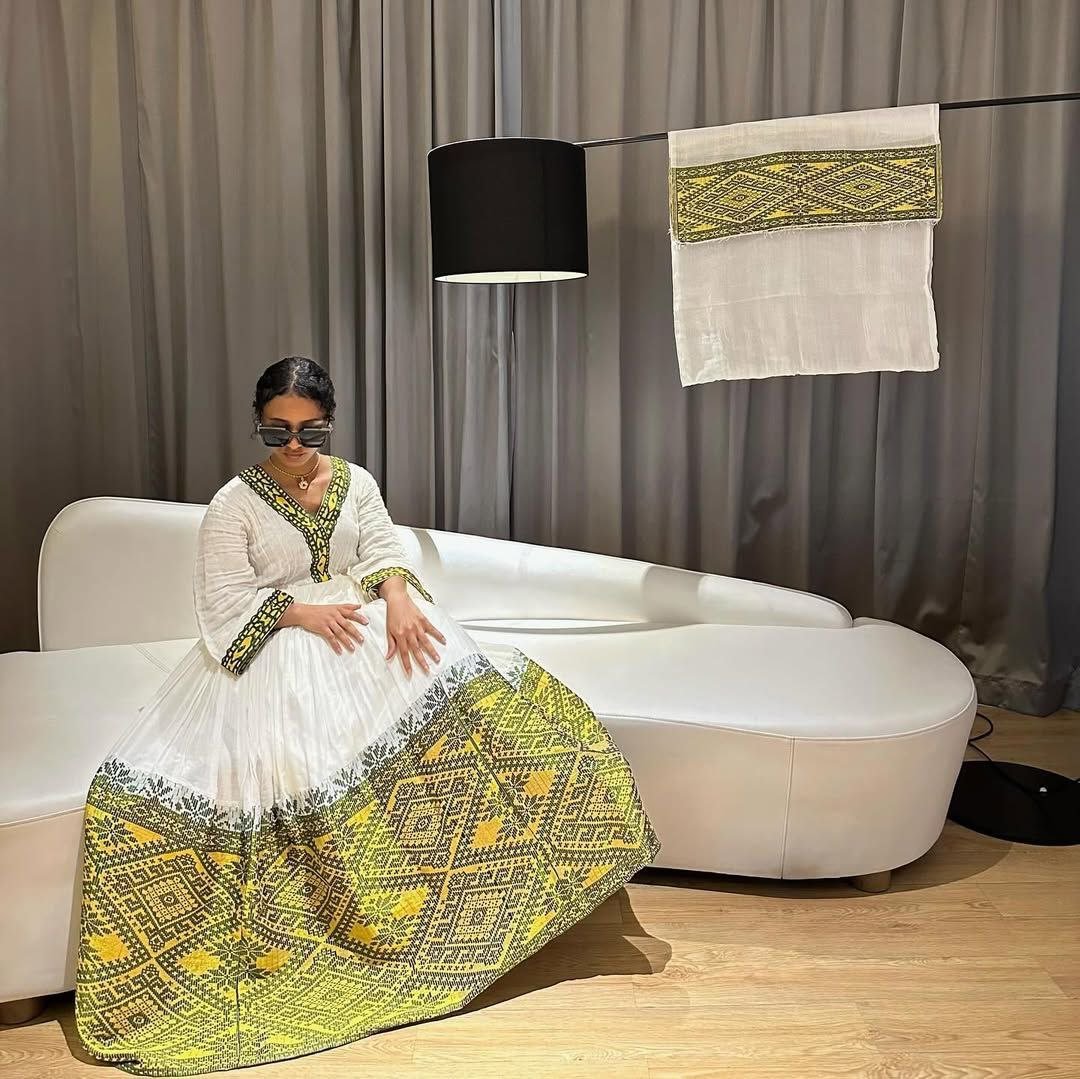 Vibrant Traditional Habesah Kemis with Yellow and Green Accents β Ethiopian Traditional Clothing β Cultural Dress