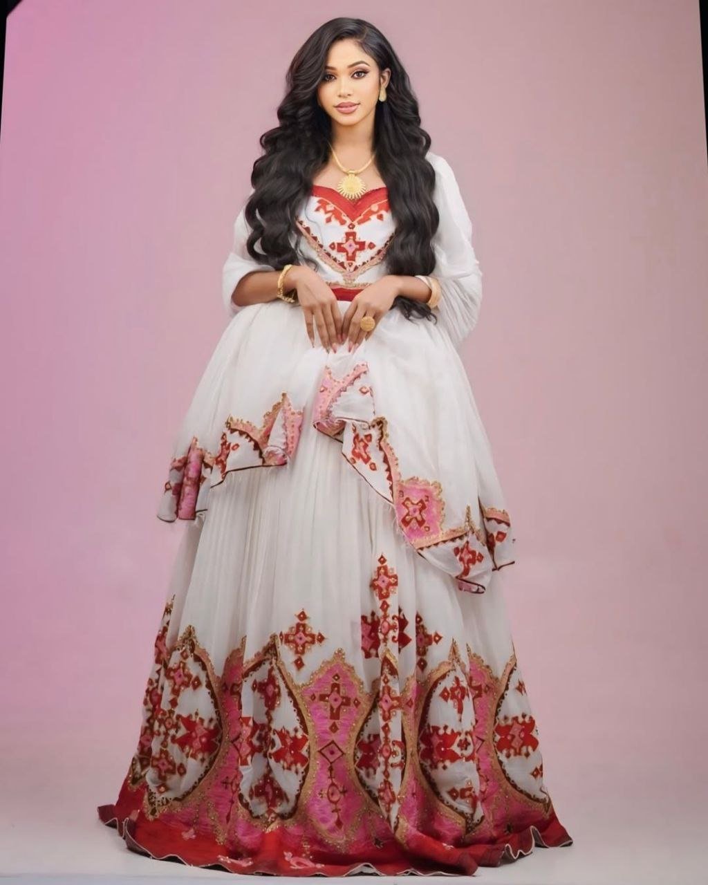 Modern Habesha Wedding Dress with Red and Gold Embroidery – Ethiopian Wedding Dress – Habesha Clothing