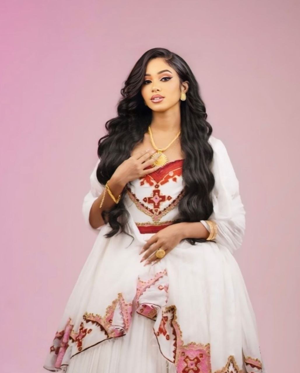 Modern Habesha Wedding Dress with Red and Gold Embroidery – Ethiopian Wedding Dress – Habesha Clothing