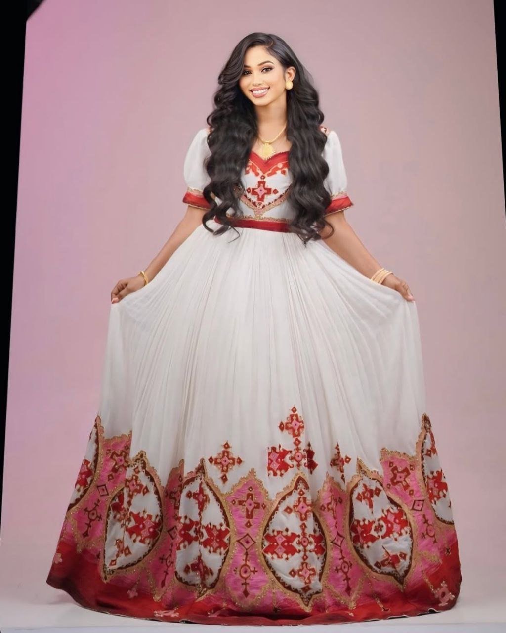 Modern Habesha Wedding Dress with Red and Gold Embroidery – Ethiopian Wedding Dress – Habesha Clothing
