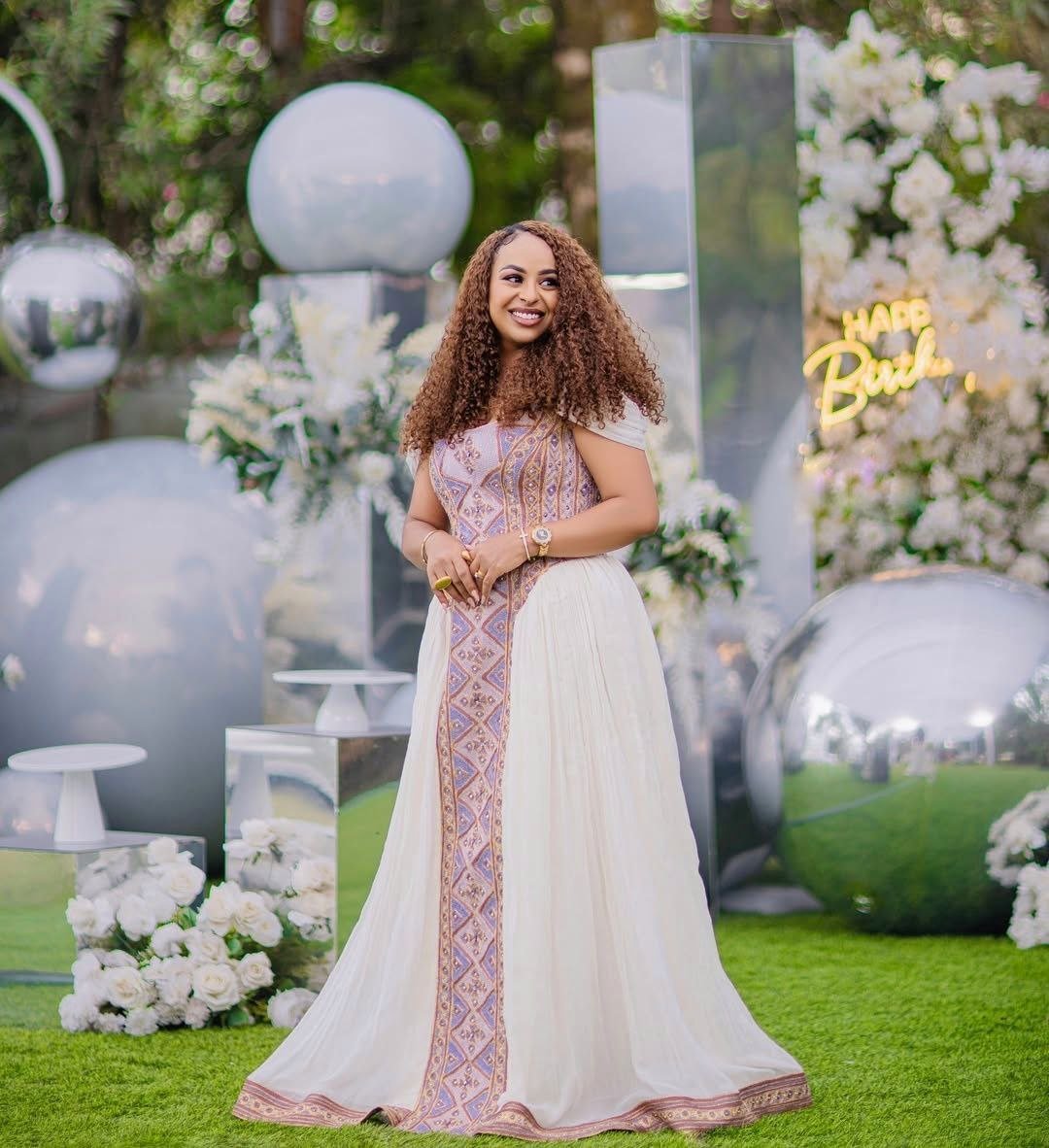 Simple Habesha Kemis with Purple and Gold Accents – Ethiopian Dress – Habesha Clothing