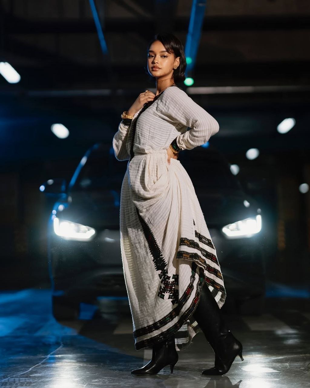 Modern Habesha Kemis with Dark Tilet Embroidery Stunning Ethiopian Dress