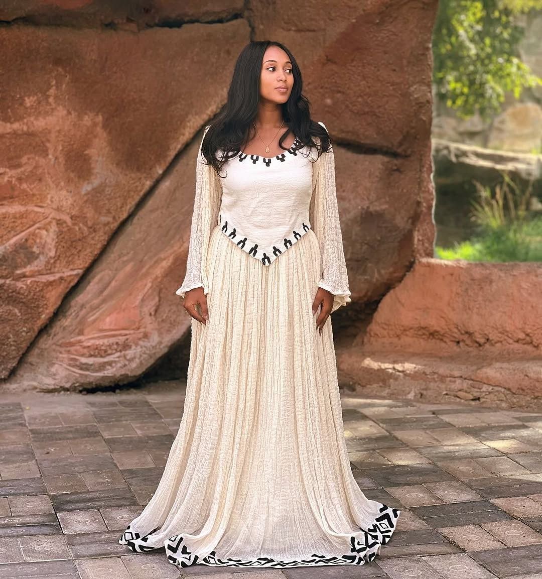 Long Sleeve Habesha Dress Ethiopian Cultural Attire with Elegant Black & White Design