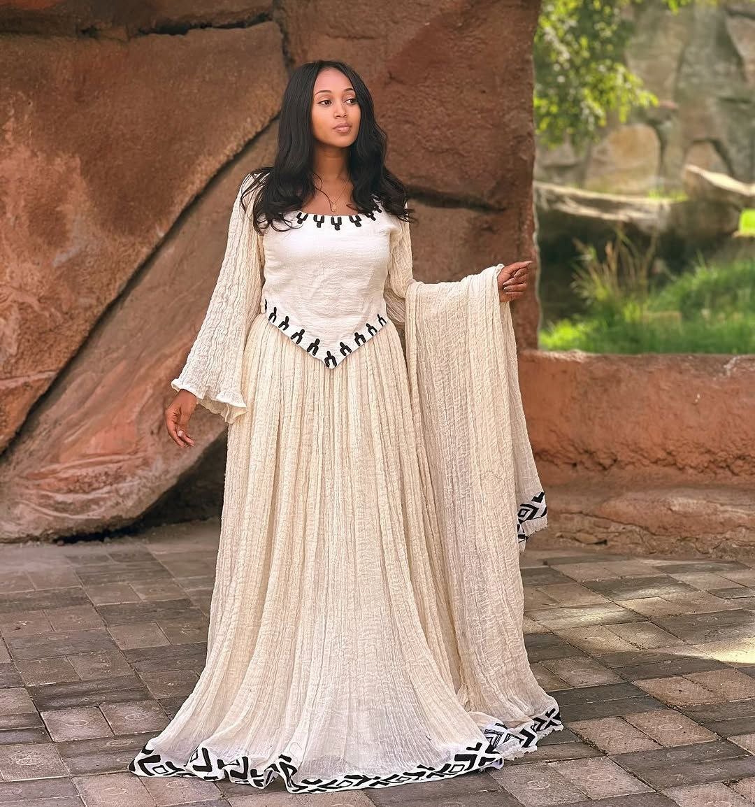 Long Sleeve Habesha Dress Ethiopian Cultural Attire with Elegant Black & White Design