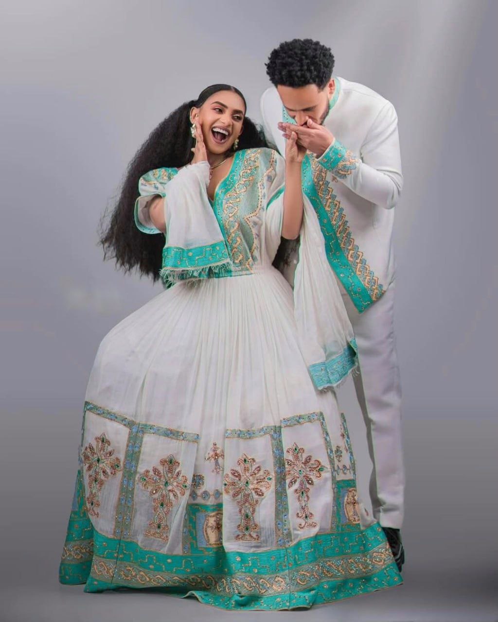 Traditional Couple Attire with Elegant Green Embroidery – Habesha Wedding Dress– Ethiopian Traditional Clothing – Eritrean Wedding Dress